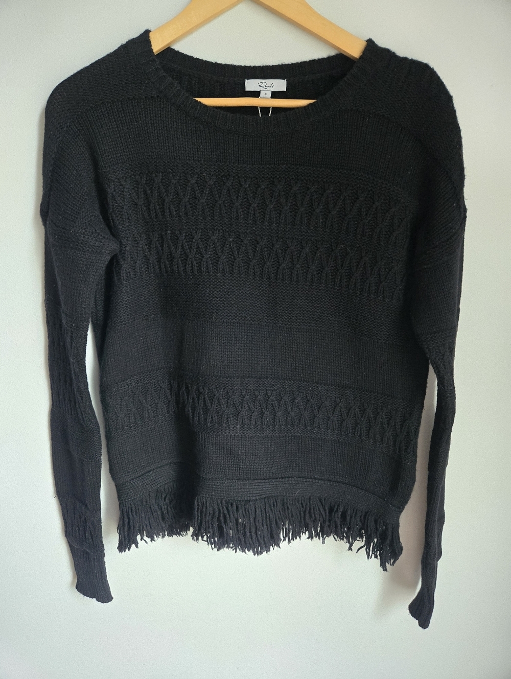 New RAILS Black Fringe-Hem Crewneck Natalie Wool And Casmere Knit Sweater